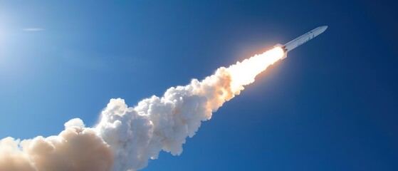 rocket launch from the ground, blue sky in background, smoke coming out of top of rack