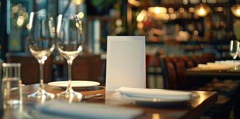  Elegant Restaurant Table Setting with White Card, Wine Glasses, and Fine Dining Plates