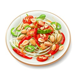 Vibrant and Flavorful Thai Papaya Salad Dish on Isolated White Background in Chibi Cute Icon Style