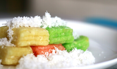 Getuk lindri. Indonesian traditional food. Steamed cassava cake sprinkled with grated coconut.    