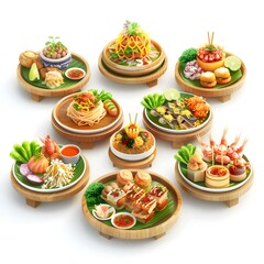 Fototapeta premium Vibrant Tapestry of Thai Street Food Vendors with Tantalizing Dishes