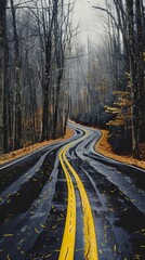 Fototapeta premium Winding road through autumn forest with wet pavement, adventure concept