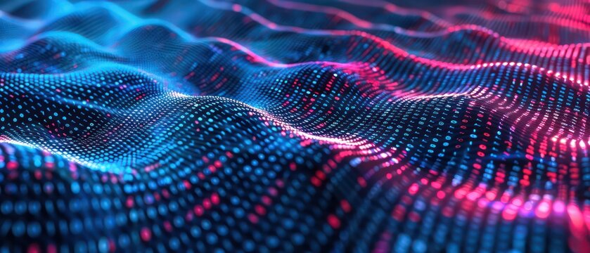 data science or artificial intelligence digital background featuring blue and red binary code waves