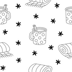 Autumn object mushroom cup of coffee leaf acorn jar cake pumpkin plaid. Seamless pattern. Coloring Page. Season time of year. Vector drawing. Design ornaments.