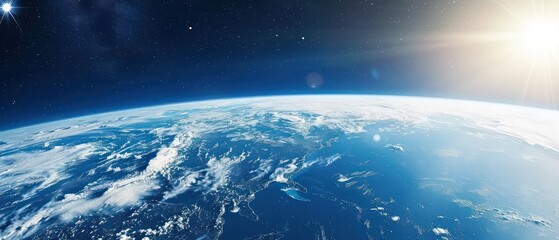 Earth from space, blue sky with sun in upper left corner, atmospheric perspective, dark background