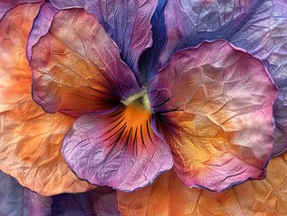 Detailed shot of a pansy, with focus on the vibrant colors and delicate textures
