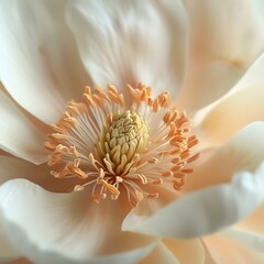 Extreme close-up of a magnolia bloom, capturing the creamy petals and intricate center