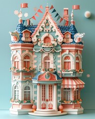 Obraz premium 3D paper art of a decorated house with flags and bunting, Light pastels, Intricate layers, Patriotic home celebration