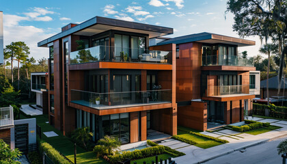 Aerial corner front side view of a modern luxury suburban house with warm cinnamon walls and sleek glass balconies, complemented by a stylish and modern front yard.