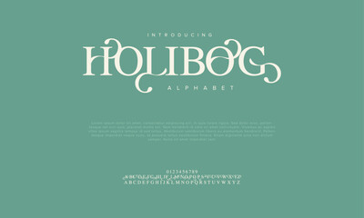 Holibog premium luxury elegant alphabet letters and numbers. Vintage wedding typography classic serif font decorative vintage retro. creative vector illustration