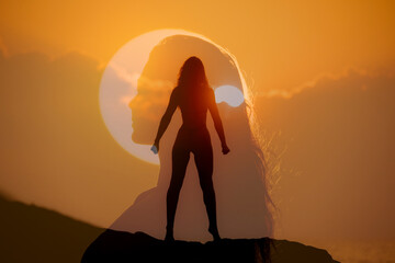 Double Exposure of Empowered Woman Standing Against Sunset Sky