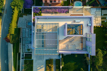 Obraz premium Aerial view of a modern luxury suburban house with soft lavender walls, featuring a large glass roof and a beautifully landscaped yard.