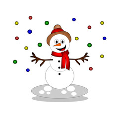 Smiling snowman with carrot nose, red scarf, beige hat with red sash and stick arm. Yellow, red, blue and green lights.