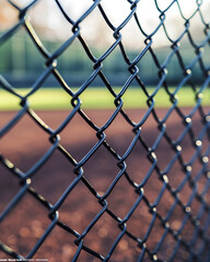 Fototapeta premium Close up of a black chain link fence around a sports field 