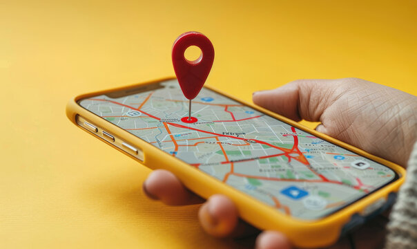 Person's mobile phone with a red map pin pointer, yellow background