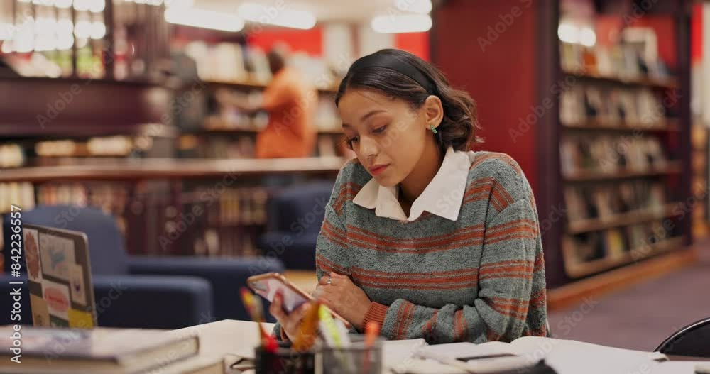 Poster Stress, phone and woman student in library networking on internet, mobile app or social media. Anxiety, technology and female person read university email for scholarship mistake on cellphone.