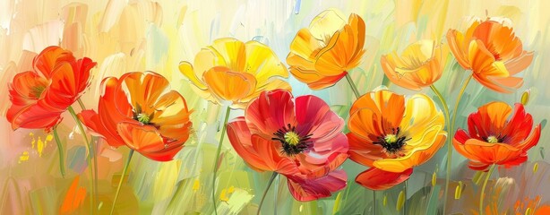 Vibrant Poppies in Red, Yellow, and Orange Blooming Against a Lush Green Background, Symbolizing Beauty and Nature