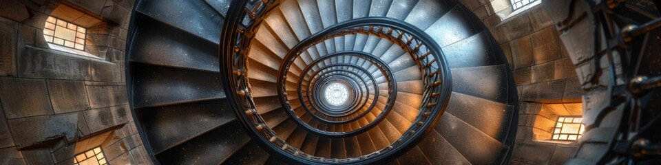 Obraz premium A spiraling staircase in a tall stone tower like in a lighthouse. 