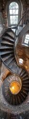 A spiraling staircase in a tall stone tower like in a lighthouse. 
