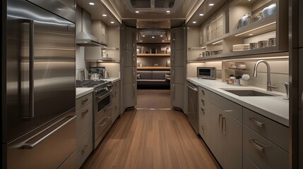 Efficient galley kitchen with smart storage solutions, practical layout, and a neutral color palette.