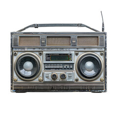 Obraz premium Vintage portable boombox with cassette player and radio, retro 80s audio equipment, classic nostalgic technology, Isolated on transparent background