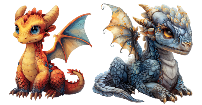 Set of two Fairytale dragon on transparent background
