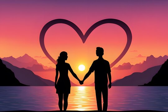 Create a silhouette of a couple holding hands and watching a sunset, with the sun forming a heart shape as it dips below the horizon. - vector art
