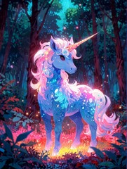 森の中のかわいいユニコーン,Generative AI AI画像