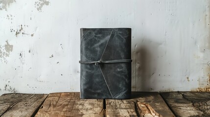 Black leather bound journal with a rustic, vintage aesthetic.