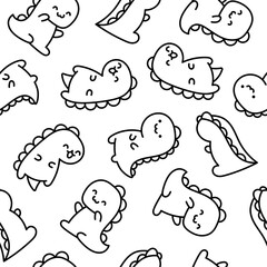 Cute smiling kawaii dinosaur. Seamless pattern. Coloring Page. Cartoon funny dino characters. Hand drawn style. Vector drawing. Design ornaments.