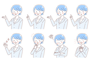 スーツを着たボブヘアーの若い女性のシンプルタッチ表情セット
