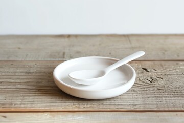 White ceramic bowl and spoon on a wooden table