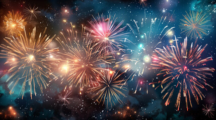 Fototapeta premium A vibrant and colorful display of fireworks lighting up the night sky. The fireworks burst into an array of colors including bright reds, blues, greens, and yellows, creating a dazzling spectacle. The
