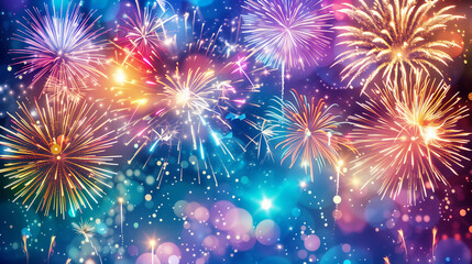 Naklejka premium A vibrant and colorful display of fireworks lighting up the night sky. The fireworks burst into an array of colors including bright reds, blues, greens, and yellows, creating a dazzling spectacle. The