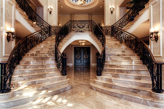A grand entrance foyer in a modern luxury home featuring a double staircase made of marble, with an elaborate wrought iron railing