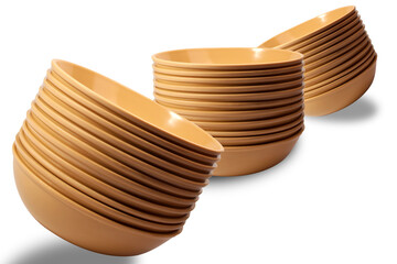 Set of bowls stumbling in a row isolated on white background