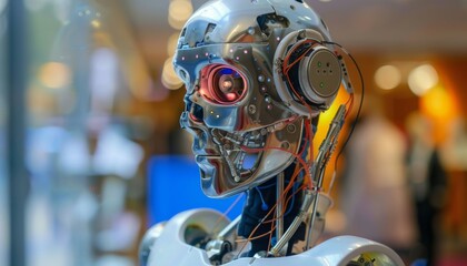 A close-up of a robotic head with exposed wires and circuitry, showcasing the intricate inner workings of artificial intelligence.