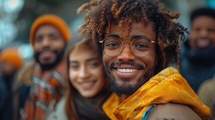 A group of diverse young people smiling and looking at the camera.