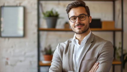 Obraz premium Confident young businessman in glasses smiling and looking at camera. He stands with arms crossed in a modern office setting.
