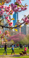 Fototapeta premium Springtime park scene with joggers, dogs, kids, cherry blossoms, and urban skyscrapers in background.