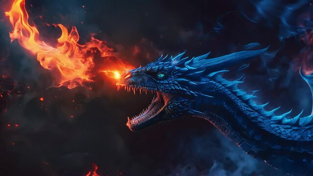 blue dragon spitting fire isolated background