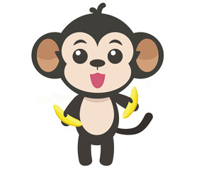 Cute cartoon monkey holding bananas, smiling happily. Illustration of an adorable playful animal. Perfect for children's designs.