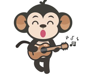 Cute cartoon monkey playing a guitar and singing, with music notes. Perfect for children's book illustrations, animations, and educational content.