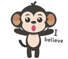 Cute cartoon monkey with arms raised and text 'I believe'. Adorable character perfect for children's designs, cards, and illustrations.