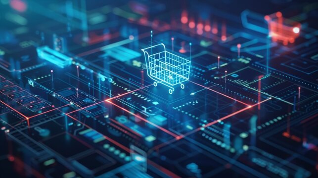 A futuristic digital shopping cart icon on a network of glowing lines and data, representing online commerce and technology.