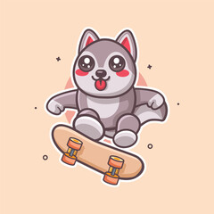 happy husky dog animal character mascot playing skateboard isolated cartoon