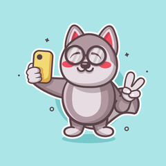 geek husky dog animal character mascot taking a selfie with a smartphone isolated cartoon