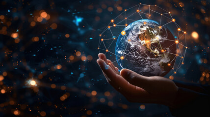 Hand holding flying earth network global connection concept, abstract background of digital technology