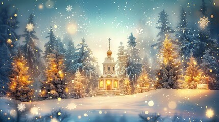 Fototapeta premium Enchanting Christmas Scene with Ancient Church in Snowy Pine Forest