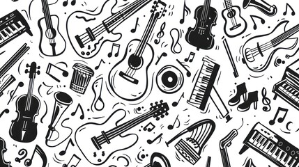 Jazz music Illustration design pattern doodle element musical instrument guitar melody trumpet piano drum. Black white style background.